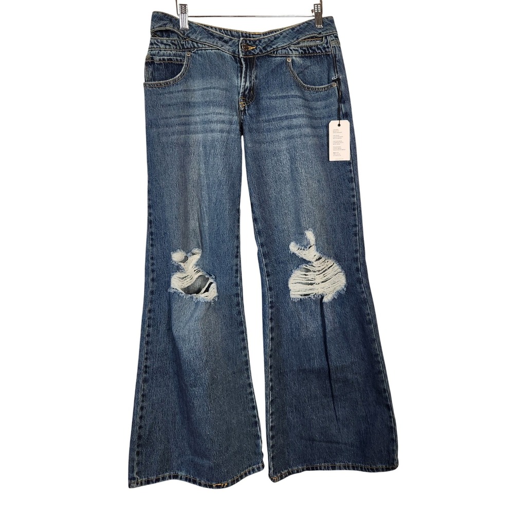 Forever 21 Jeans Women Size 27 Baggy Flare Wide Leg Ripped Distressed Y2K Denim
